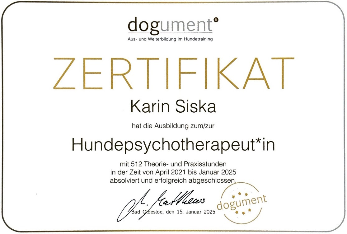 Zertifikat Hundepsychotherapeutin